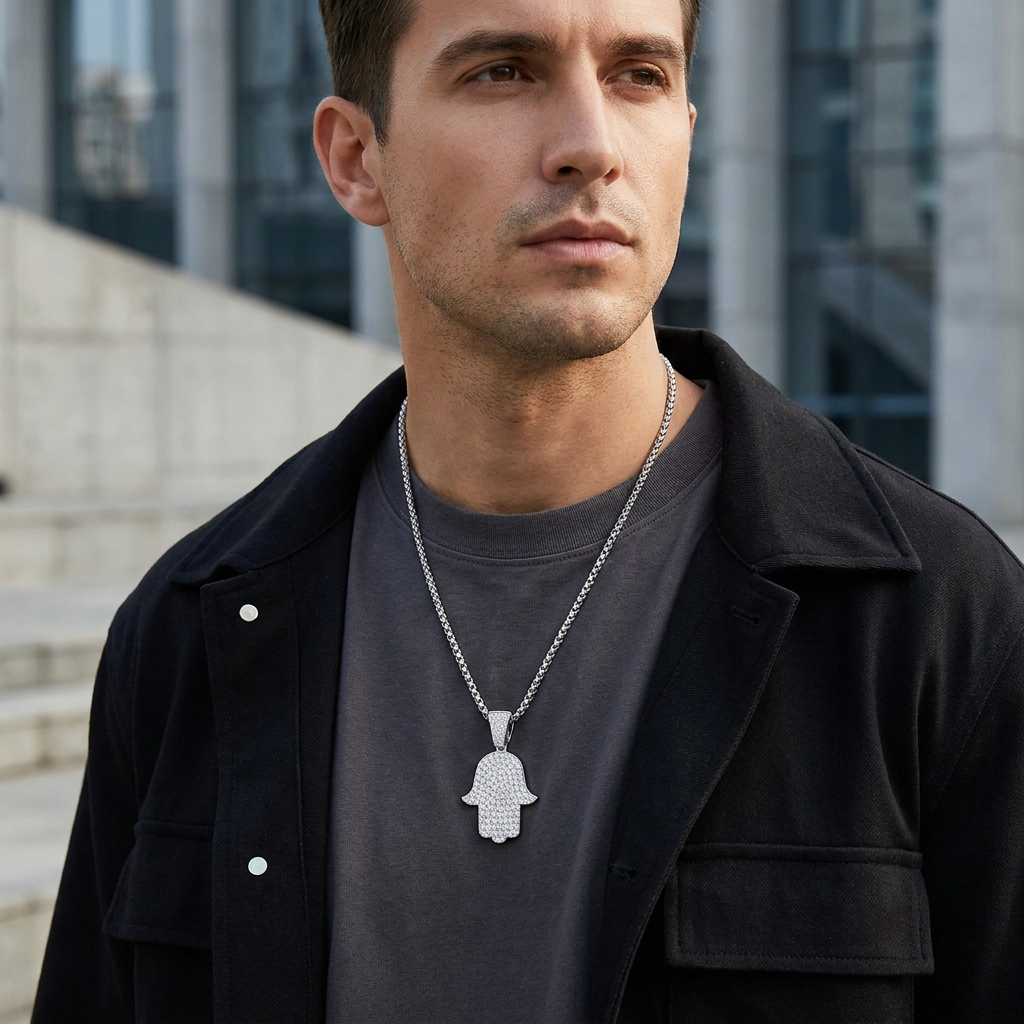 Colar Masculino Mão Hamsá Cravejado Moissanite | Lumina