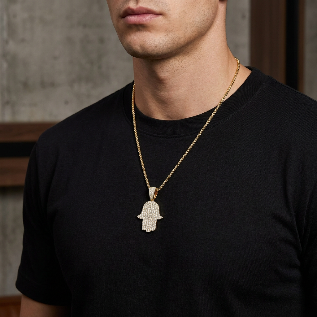 Colar Masculino Mão Hamsá em uso masculino