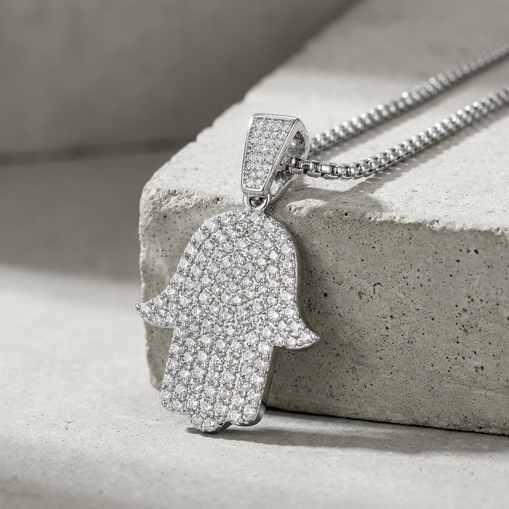 Colar Masculino Mão Hamsá Cravejado Moissanite | Lumina