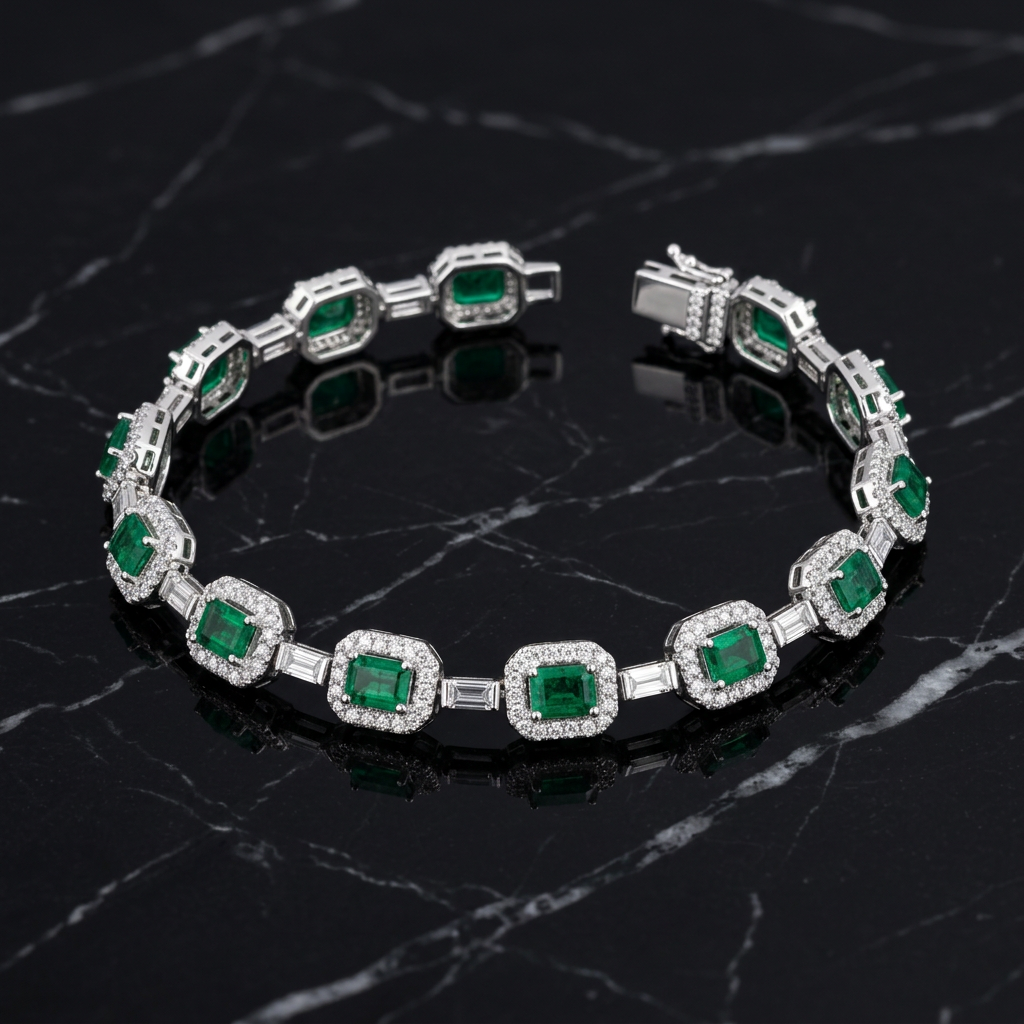 Detalhe das pedras verdes e fecho - Pulseira Verde Imperial prateada