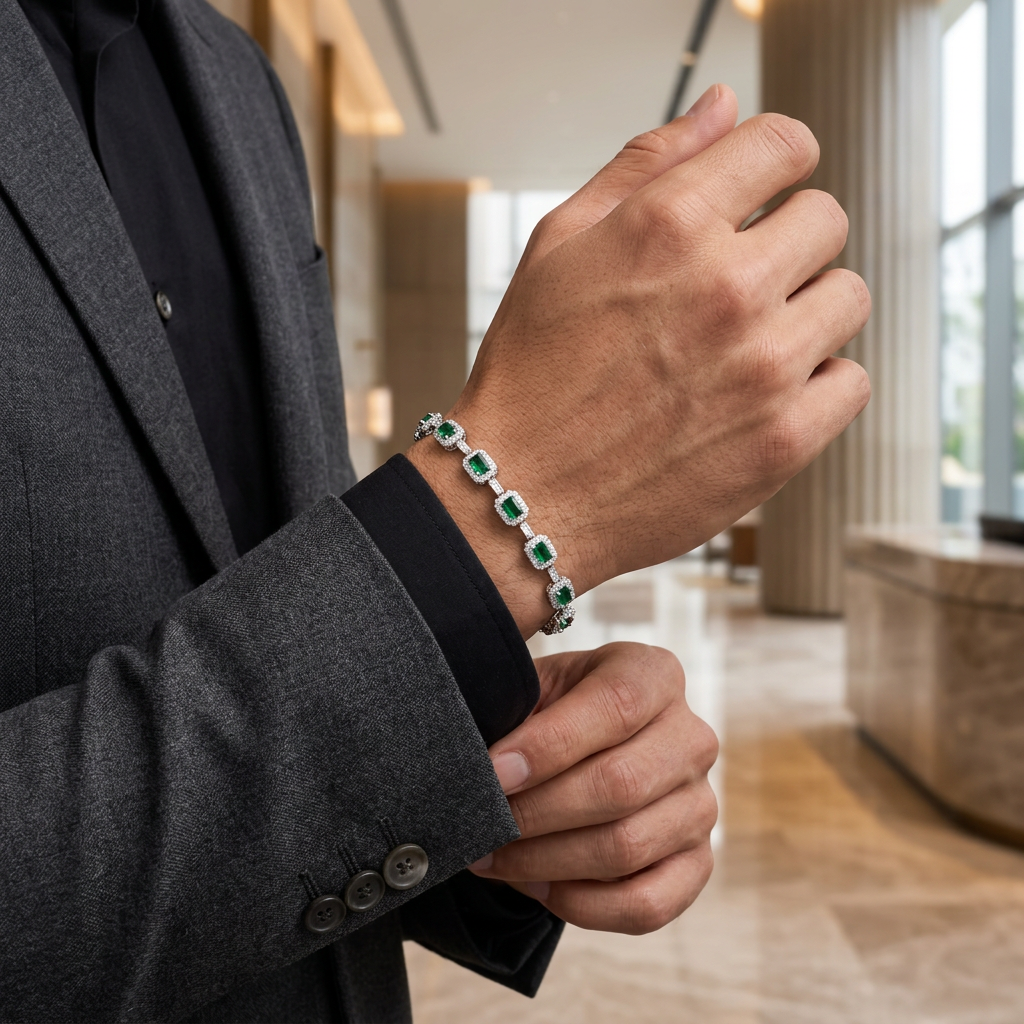 Pulseira Masculina Verde Imperial prateada com traje social masculino