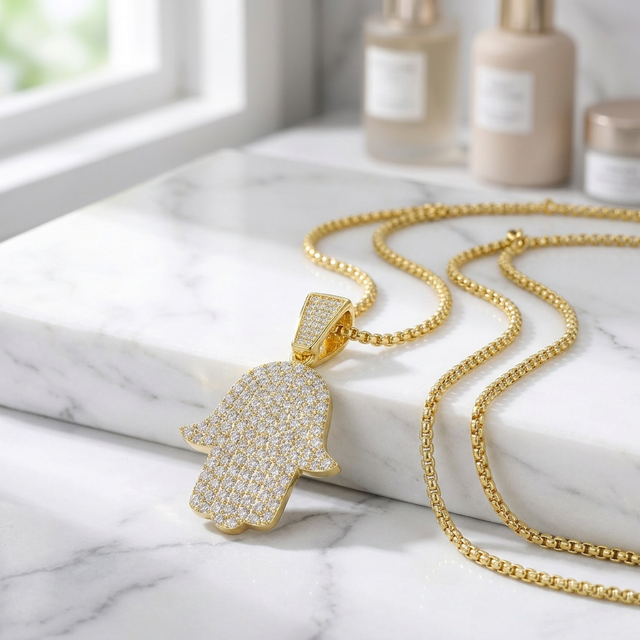 Colar Masculino Mão Hamsá Cravejado Moissanite | Lumina - Dourado