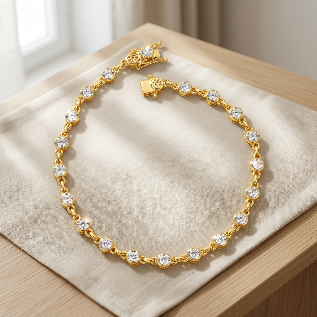 Pulseira Feminina Moissanite Cravejada Luxo Brilho - Dourado