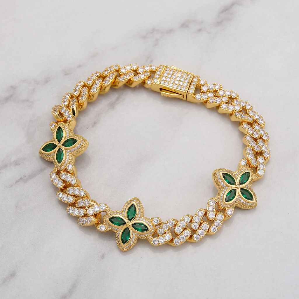 Pulseira Cravejada Cubana Floral Zircônias | Elegance - Dourado
