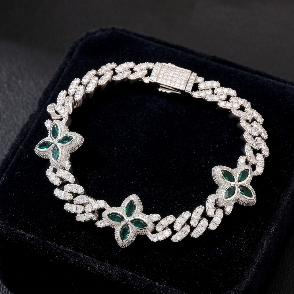 Pulseira Cravejada Cubana Floral Zircônias | Elegance - Prateado