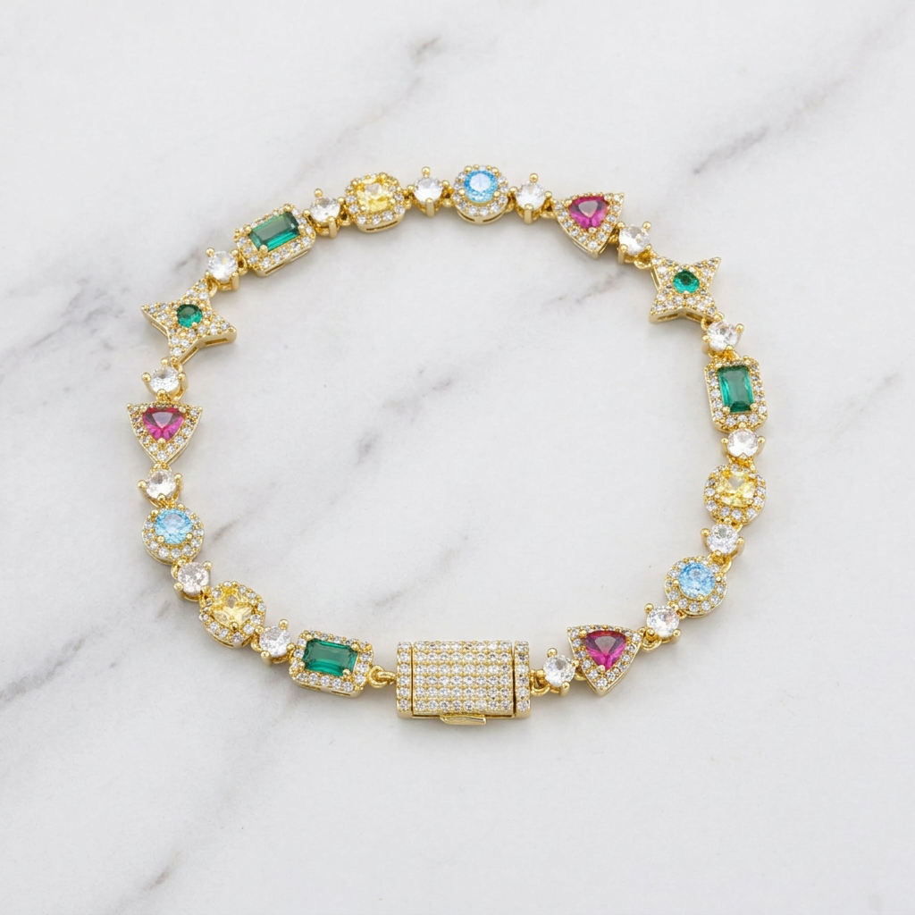 Pulseira Tennis Cravejada Zircônia Multicolorida | Gemina - Dourado
